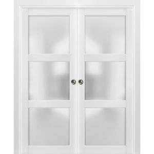 French Double Pocket Doors | Lucia 2552 White Silk with Frosted Glass | Kit Trims Rail Hardware | Solid Wood Interior Pantry Kitchen Bedroom Sliding Closet Sturdy Door 