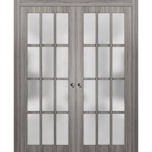 Sliding French Double Pocket Doors Frosted Glass 12 Lites | Felicia 3312 Ginger Ash Grey| Kit Trims Rail Hardware | Solid Wood Interior Bedroom Sturdy Doors -36" x 80" (2* 18x80)
