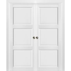 French Double Pocket Doors | Lucia 2661 White Silk | Kit Trims Rail Hardware | Solid Wood Interior Pantry Kitchen Bedroom Sliding Closet Sturdy Door 