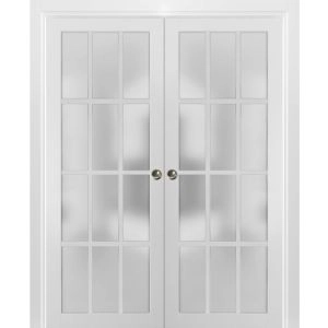 Sliding French Double Pocket Doors Frosted Glass 12 Lites | Felicia 3312 White Matte | Kit Trims Rail Hardware | Solid Wood Interior Bedroom Sturdy Doors -36" x 80" (2* 18x80)