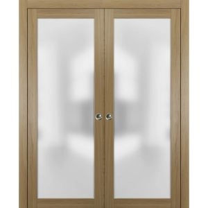 Sliding Double Pocket Door Frosted Tempered Glass | Planum 2102 Haney Ash | Kit Trims Rail Hardware | Solid Wood Interior Bedroom Bathroom Closet Sturdy Doors -36" x 84" (2* 18x84)