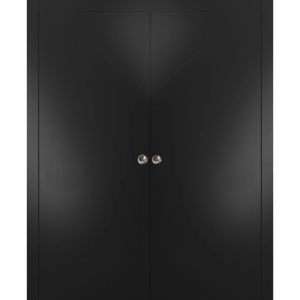 Sliding Double Pocket Door with Frames | Planum 0010 Matte Black | Kit Trims Rail Hardware | Solid Wood Interior Bedroom Bathroom Closet Sturdy Doors 