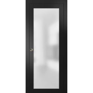 Sliding Pocket Door with Frosted Tempered Glass | Planum 2102 Matte Black with Frosted Glass | Kit Trims Rail Hardware | Solid Wood Interior Bedroom Bathroom Closet Sturdy Doors 