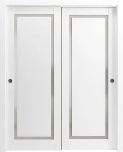 Sliding Closet Bypass Doors | Planum 0888 Painted White with Frosted Glass | Sturdy Rails Moldings Trims Hardware Set | Wood Solid Bedroom Wardrobe Doors-36" x 80" (2* 18x80)