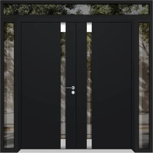 Front Exterior Prehung Aluminum Double Doors / Cynex 6777 Black / 2 Sidelights and Top Transom / Mirrored Clear Glass Modern Painted 96x108 (W12+72+12" x H96+12") Right hand Inswing