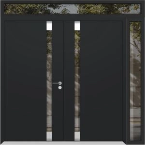 Front Exterior Prehung Aluminum Double Doors / Cynex 6777 Black / 1 Sidelight and Top Transom / Mirrored Clear Glass Modern Painted 86x110 (W72+14" x H96+14") Left hand Outswing