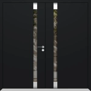 Front Exterior Prehung Aluminum Double Doors / Cynex 6777 Black / Mirrored Clear Glass Modern Painted (W72" x H96") Left hand Outswing
