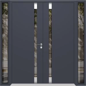 Front Exterior Prehung Aluminum Double Doors / Cynex 6777 Grey / 2 Sidelights / Mirrored Clear Glass Modern Painted 96x80 (W12+72+12" x H80") Right hand Inswing