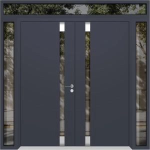 Front Exterior Prehung Aluminum Double Doors / Cynex 6777 Grey / 2 Sidelights and Top Transom / Mirrored Clear Glass Modern Painted 96x92 (W12+72+12" x H80+12") Right hand Inswing