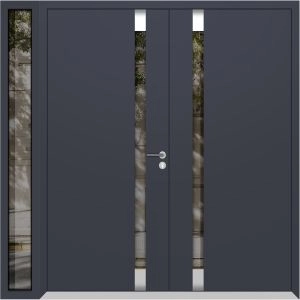 Front Exterior Prehung Aluminum Double Doors / Cynex 6777 Grey / 1 Sidelight / Mirrored Clear Glass Modern Painted 84x80 (W72+12" x H80") Right hand Inswing