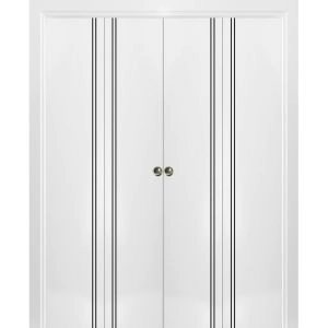 Sliding Closet Double Bi-fold Doors | Planum 0016 White Silk and Aluminum Strips | Sturdy Tracks Moldings Trims Hardware Set | Wood Solid Bedroom Wardrobe Doors