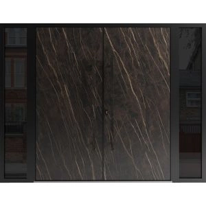 Front Exterior Prehung Aluminum Double Doors / Dekton 0118 Natural Noir / 2 Sidelights / Entry Metal Modern Painted (W96" x H80") Right hand Inswing