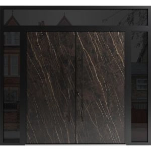 Front Exterior Prehung Aluminum Double Doors / Dekton 0118 Natural Noir / 2 Sidelights and Top Transom / Entry Metal Modern Painted (W96" x H92") Right hand Inswing