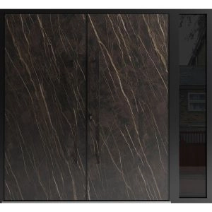 Front Exterior Prehung Aluminum Double Doors / Dekton 0118 Natural Noir / 1 Sidelight / Entry Metal Modern Ceramic W84" x H80") Right hand Inswing
