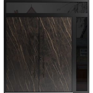 Front Exterior Prehung Aluminum Double Doors / Dekton 0118 Natural Noir / 1 Sidelight and Top Transom / Entry Metal Modern Painted (W88" x H96") Right hand Inswing
