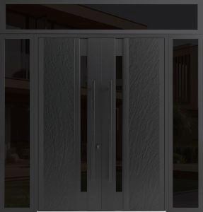 Front Exterior Prehung Aluminum Double Doors / Dekton 0163 Ardesia Nero / 2 Sidelights and Top Transom / Entry Metal Modern Painted (W96" x H92") Right hand Inswing