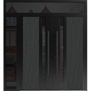 Front Exterior Prehung Aluminum Double Doors / Dekton 0163 Ardesia Nero / / 1 Sidelight and Top Transom / Entry Metal Modern Painted (W84" x H92") Right hand Inswing