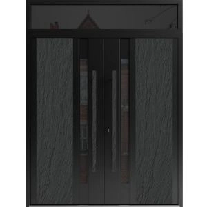 Front Exterior Prehung Aluminum Double Doors / Dekton 0163 Ardesia Nero / Top Transom / Entry Metal Modern Painted (W72" x H92") Right hand Inswing