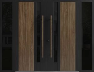 Front Exterior Prehung Aluminum Double Doors / Dekton 0163 Venezia Noce / 2 Sidelights / Entry Metal Modern Painted (W96" x H80") Right hand Outswing