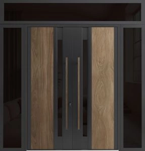Front Exterior Prehung Aluminum Double Doors / Dekton 0163 Venezia Noce / 2 Sidelight and Top Transom / Entry Metal Modern Painted (W100" x H94") Left hand Inswing