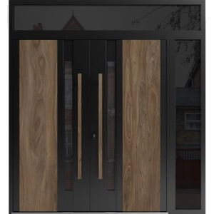 Front Exterior Prehung Aluminum Double Doors / Dekton 0163 Venezia Noce / / 1 Sidelight and Top Transom / Entry Metal Modern Painted (W84" x H92") Right hand Inswing
