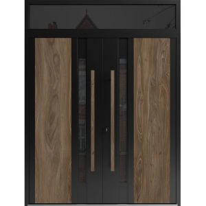 Front Exterior Prehung Aluminum Double Doors / Dekton 0163 Venezia Noce / Top Transom / Entry Metal Modern Painted (W72" x H92") Right hand Inswing