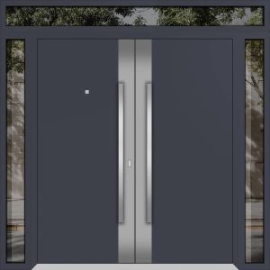 Front Exterior Prehung Metal Double Doors / Deux 0729 Gray Graphite Stainless Steel insert / 2 Sidelights and Top Transom / Entry Modern Painted 96x112 (W12+72+12" x H96+16") Right hand Outswing