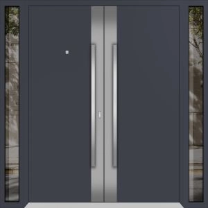 Front Exterior Prehung Aluminum Double Doors / Deux 0729 Gray Graphite Stainless Steel insert / 2 Sidelights / Entry Modern Painted 100x96 (W14+72+14" x H96") Left hand Outswing