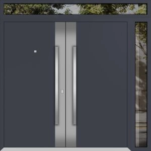 Front Exterior Prehung Metal Double Doors / Deux 0729 Gray Graphite Stainless Steel insert / 1 Sidelight and Top Transom / Entry Modern Painted 84x110 (W72+12" x H96+14") Left hand Outswing