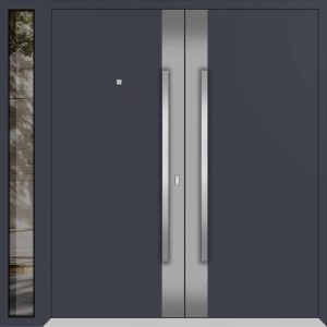 Front Exterior Prehung Metal Double Doors / Deux 0729 Gray Graphite Stainless Steel insert / 1 Sidelight / Entry Modern Painted 86x96 (W72+14" x H96") Left hand Outswing