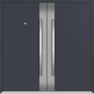 Front Exterior Prehung Metal Double Doors / Deux 0729 Gray Graphite Stainless Steel insert / Entry Modern Painted (W72" x H96") Left hand Outswing