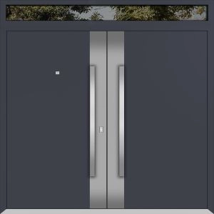 Front Exterior Prehung Metal Double Doors / Deux 0729 Gray Graphite Stainless Steel insert / Top Transom / Entry Modern Painted (W72" x H96+12") Right hand Outswing