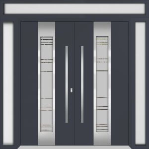 Front Exterior Prehung Metal Double Doors / Deux 0757 Gray Graphite Frosted Glass / 2 Sidelights and Top Transom / Entry Modern Painted 100x112 (W14+72+14" x H96+16") Left hand Outswing
