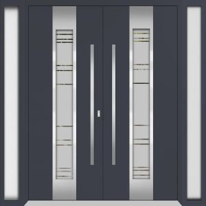Front Exterior Prehung Aluminum Double Doors / Deux 0757 Gray Graphite Frosted Glass / 2 Sidelights / Entry Modern Painted 104x96 (W16+72+16" x H96") Right hand Outswing