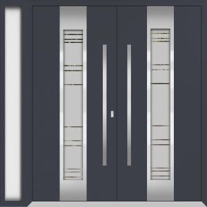 Front Exterior Prehung Metal Double Doors / Deux 0757 Gray Graphite Frosted Glass / 1 Sidelight / Entry Modern Painted 86x96 (W72+14" x H96") Left hand Outswing