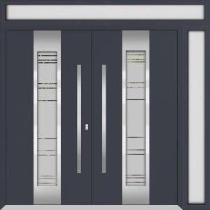 Front Exterior Prehung Metal Double Doors / Deux 0757 Gray Graphite Frosted Glass / 1 Sidelight and Top Transom / Entry Modern Painted 86x96 (W72+14" x H96+16") Right hand Outswing