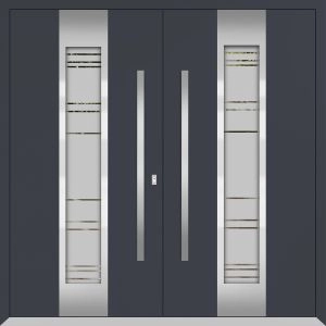 Front Exterior Prehung Metal Double Doors / Deux 0757 Gray Graphite Frosted Glass / Entry Modern Painted (W72" x H96") Left hand Outswing