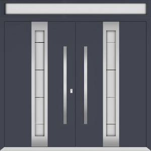 Front Exterior Prehung Metal Double Doors / Deux 0757 Gray Graphite Frosted Glass / Top Transom / Entry Modern Painted (W72" x H96+14") Left hand Outswing