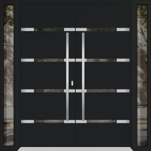 Front Exterior Prehung Metal Double Doors / Deux 1105 Black Enamel Mirrored Clear Glass / 2 Sidelights / Entry Modern Painted 96x80 (W12+72+12" x H80") Right hand Inswing