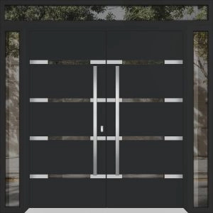 Front Exterior Prehung Metal Double Doors / Deux 1105 Black Enamel Mirrored Clear Glass / 2 Sidelights and Top Transom / Entry Modern Painted 96x92 (W12+72+12" x H80+12") Right hand Inswing