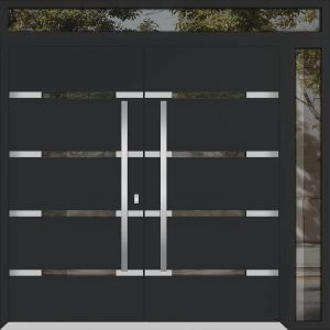 Front Exterior Prehung Metal Double Doors / Deux 1105 Black Enamel Mirrored Clear Glass / 1 Sidelight and Top Transom / Entry Modern Painted 84x110 (W72+12" x H96+14") Right hand Outswing