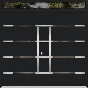 Front Exterior Prehung Metal Double Doors / Deux 1105 Black Enamel / Top Transom / Mirrored Clear Glass / Top Transom / Entry Modern Painted (W72" x H80+12") Right hand Inswing