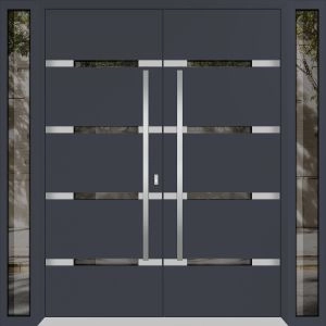 Front Exterior Prehung Aluminum Double Doors / Deux 1105 Gray Graphite Mirrored Glass / 2 Sidelights / Entry Modern Painted 96x96 (W12+72+12" x H96") Right hand Outswing