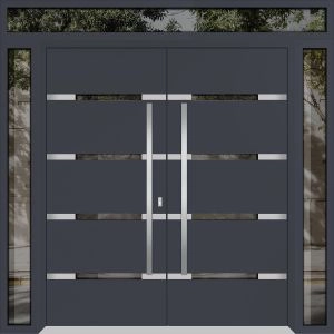 Front Exterior Prehung Metal Double Doors / Deux 1105 Gray Graphite Mirrored Glass / 2 Sidelights and Top Transom / Entry Modern Painted 96x110 (W12+72+12" x H96+14") Left hand Outswing
