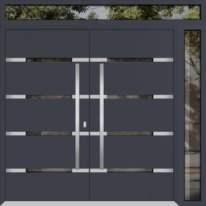 Front Exterior Prehung Metal Double Doors / Deux 1105 Gray Graphite Mirrored Glass / 1 Sidelight and Top Transom / Entry Modern Painted 86x96 (W72+14" x H96+16") Left hand Outswing