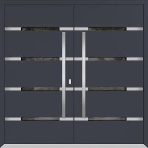 Front Exterior Prehung Metal Double Doors / Deux 1105 Gray Graphite Mirrored Glass / Entry Modern Painted (W72" x H96") Left hand Outswing