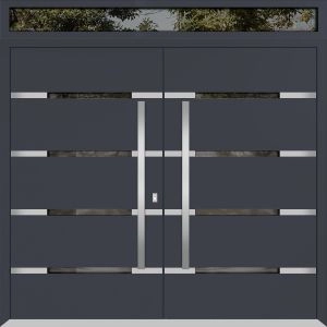 Front Exterior Prehung Metal Double Doors / Deux 1105 Gray Graphite Mirrored Glass / Top Transom / Entry Modern Painted (W72" x H96+16") Right hand Outswing