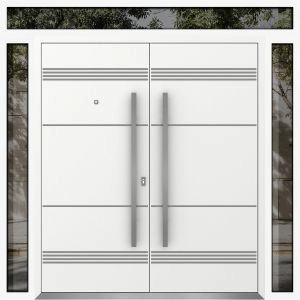 Front Exterior Prehung Metal Double Doors / Deux 1705 White Enamel / 2 Sidelights and Top Transom / Entry Modern Painted 96x110 (W12+72+12" x H96+14") Right hand Outswing