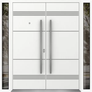 Front Exterior Prehung Aluminum Double Doors / Deux 1705 White Enamel / 2 Sidelights / Entry Modern Painted 104x96 (W16+72+16" x H96") Right hand Outswing
