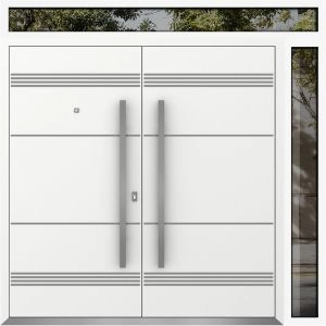 Front Exterior Prehung Metal Double Doors / Deux 1705 White Enamel / 1 Sidelight and Top Transom / Entry Modern Painted 84x108 (W72+12" x H96+12") Right hand Outswing